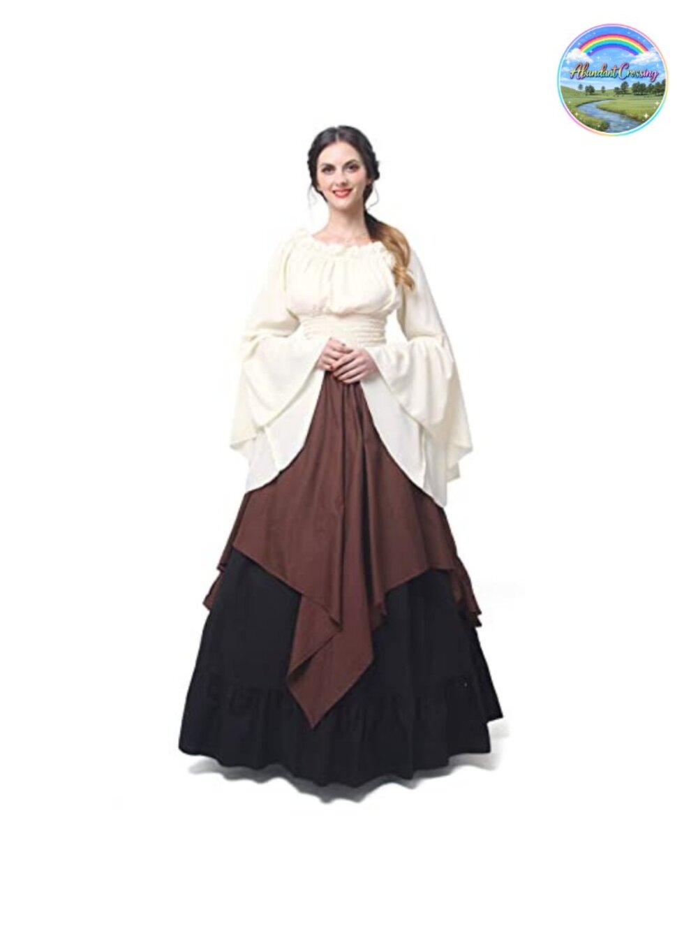 Renaissance Costume Women 2 Piece Medieval Dress Set Bell Sleeve Peasant